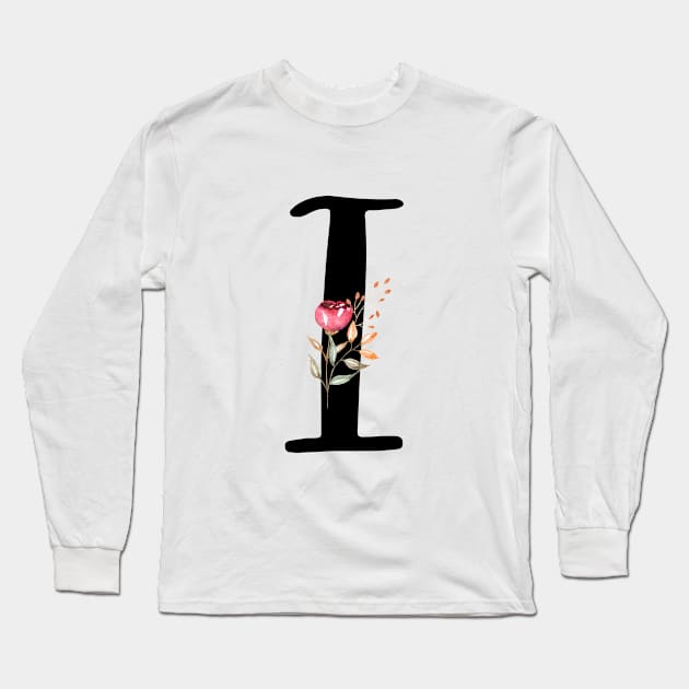 Letter I With Watercolor Floral Wreath Long Sleeve T-Shirt by NatureGlow